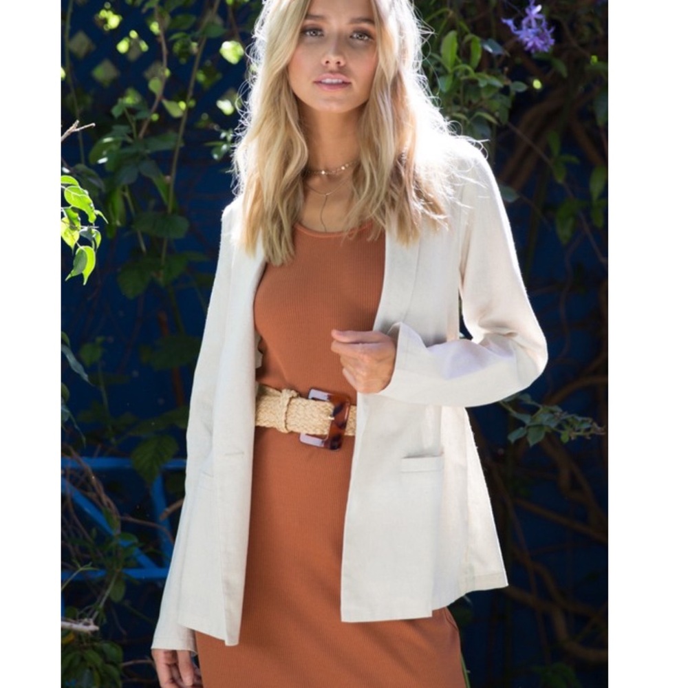 LINEN STRIPED BAND BLEND BLAZER JACKET ~ OATMEAL